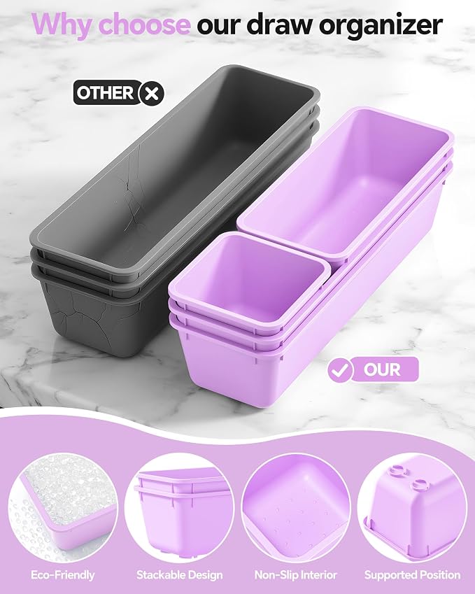 Canfanni 13 Pack Plastic Drawer Organizers Set, 3 Sizes Desk Drawer Organizer Trays for Vanity and Makeup Organizer, Organization and Storage for Makeup, Kitchen Utensils, Bathroom and Office(Purple)