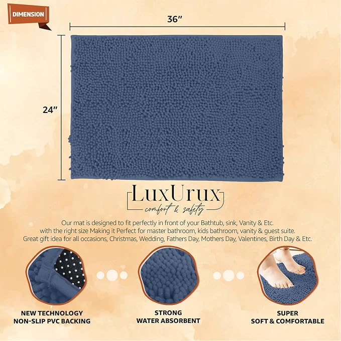 LuxUrux Ultra-Soft Chenille Bath Mat - Plush Microfiber Bathroom Rug, Super Absorbent & Quick-Dry, Cozy Shaggy Design, Machine Washable (24 x 36 inches, Medium Blue)