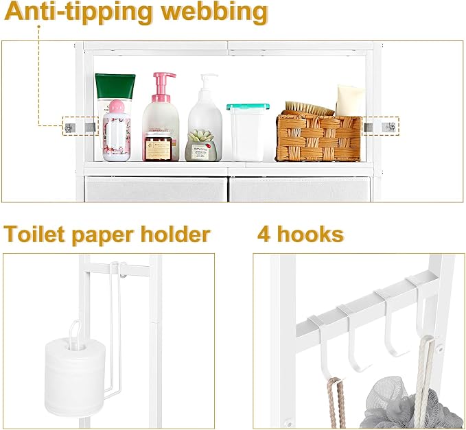 YBING Over The Toilet Storage Cabinet, Over Toilet Bathroom Organizer with Drawer, Roll Holder and Hooks, Bathroom Storage Cabinet, Wooden, White