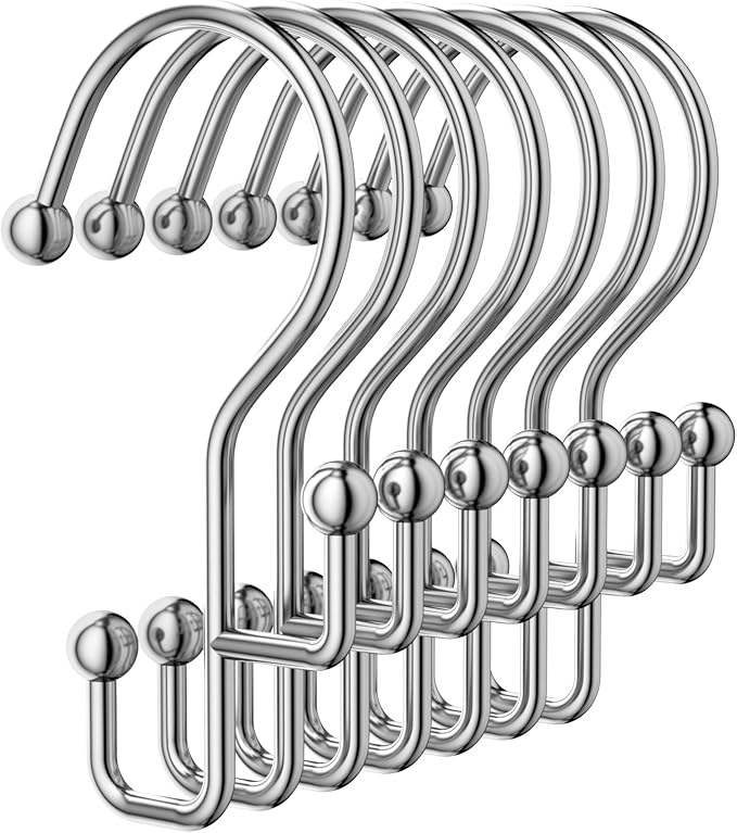 Shower Curtain Hooks, Silver Shower Curtain Hooks Rust Proof, Anti-drop Metal Shower Curtain Rings Hooks, Double Shower Hooks for Shower Curtain, Shower Rings for Curtain & Liner, Silver-12 Pcs