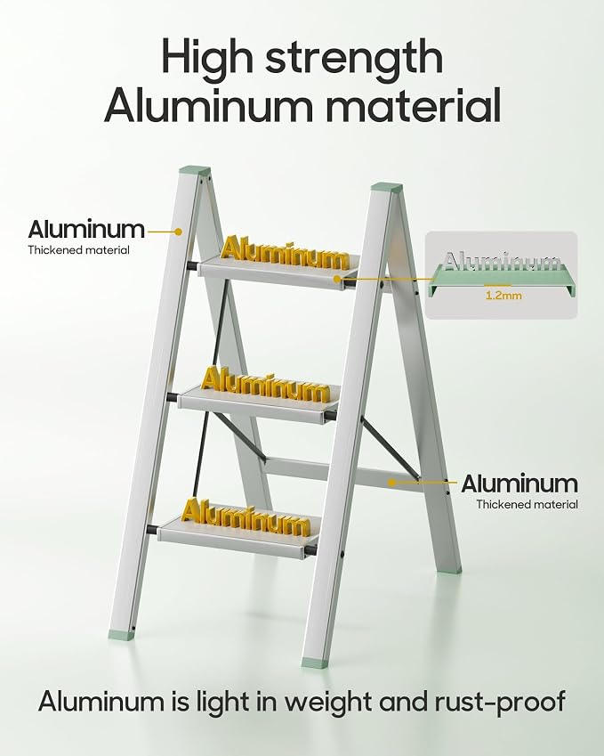 HillhutApex Aluminum Step Stool Foldable,3 Step Ladder (Pale Green) | Lightweight Portable step ladder with Anti-Slip Wide Pedal,330lbs Capacity Ladder for Household,Office,Kitchen