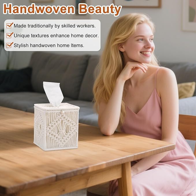 Macrame Tissue Box Cover, 2 Pack Square Boho Decor Tissue Holder, Handmade Woven Cotton Rope Organizer with Open Bottom for Bedroom, Bathroom, Living Room, Office - Ivory