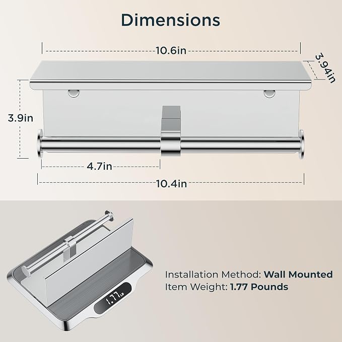 FORIOUS Toilet Paper Holder with Shelf, Commercial Toilet Paper Dispensers | Chrome | Wall Mount Bathroom Tissue Holder | SUS304 Stainless Steel Rustproof | Double Tissue Roll Holder