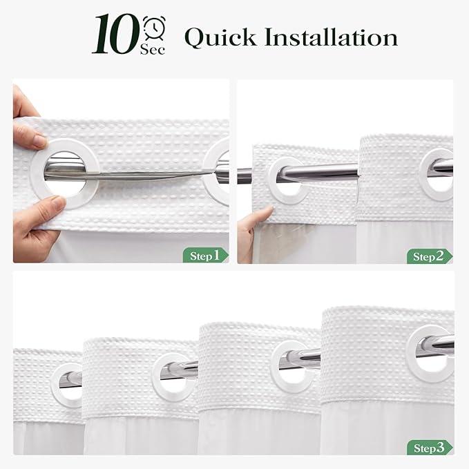 White Hook Free Waffle Shower Curtain & Snap-in Fabric Liner,72x87 | Less Time to install, 3 in 1 Fabric Shower Curtain and Liner Set with Magnets, Extra Long, Shower Curtains for Bathroom