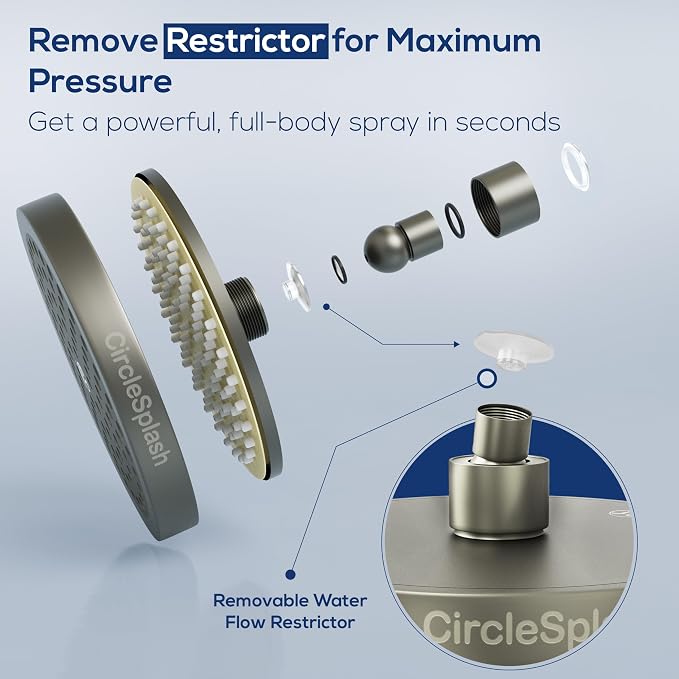 Shower Head - High Pressure 2.5 GPM - Matte Grey | Anti-clog silicone nozzles, removable restrictor, easy-clean fixed replacement