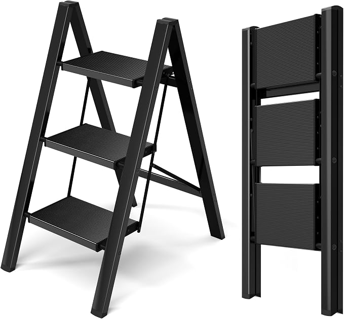 HillhutApex Aluminum Step Stool Foldable,3 Step Ladder (Black) | Lightweight Portable step ladder with Anti-Slip Wide Pedal,330lbs Capacity Ladder for Household,Office,Kitchen