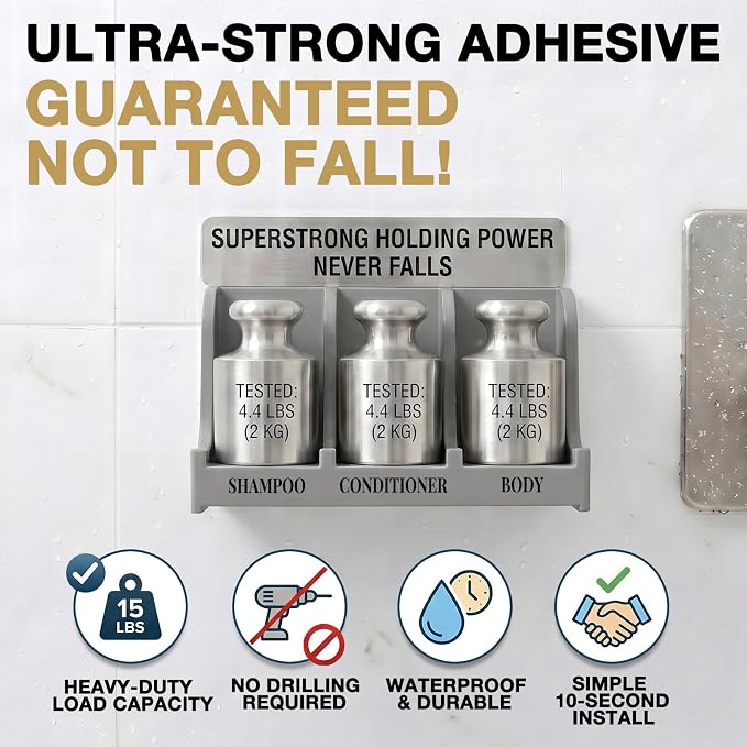 Soap Holder for Shower Wall, 3-Compartment Soap Dish for Shampoo, Conditioner and Body Soap, Fast Draining & Rust-Proof & Heavy Duty, Ultra-Strong Adhesive for Long-Term Bathroom Use & Freestanding