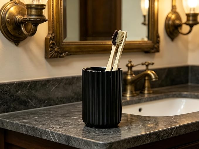 Stoneware Toothbrush Holder for Bathroom Tooth Brush Holder for Bathroom Toothbrush Cup Toothbrush Holders Cute Fluted Vertical Ribbed Stripe (Matte Black)