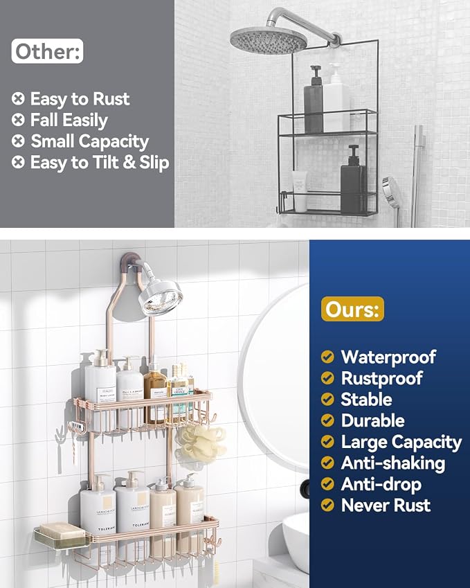 Never Rust Shower Caddy Hanging, Aluminum Shower Racks for Inside Shower, 2-Tier Shower Organizer Hanging Over Shower Head with Hooks and Soap Holder, Rose Gold