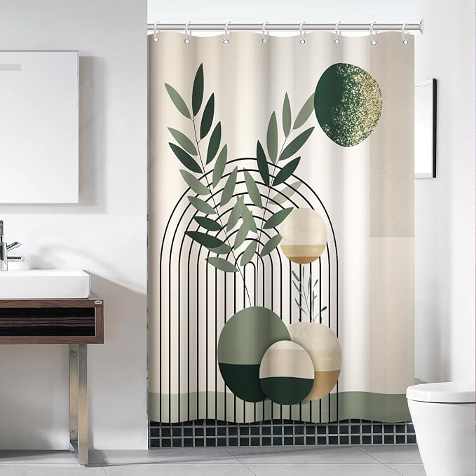 Mid Century Sage Green Shower Curtain for Bathroom 60x72 Inch | Waterproof Abstract Green and Beige Shower Curtain Set with Hooks, Mid Century Bathroom Decor