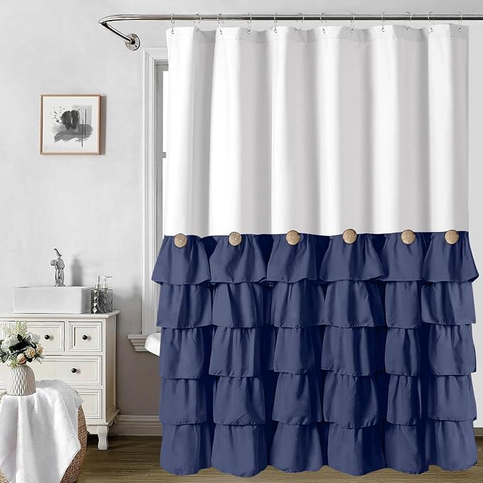 Seasonwood Navy Blue and White Shower Curtain 72 x 72 | Natural button accents, layered fabric tiers, shabby chic and French country styling for decorative bathroom updates