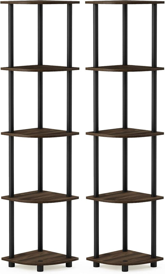 Furinno TURN-N-TUBE Corner Shelf Set of 2, 5-Tier Corner Bookshelf, Open Storage Shelves, for Organization and Storage, Living Room, Home Office, Garage, Columbia Walnut