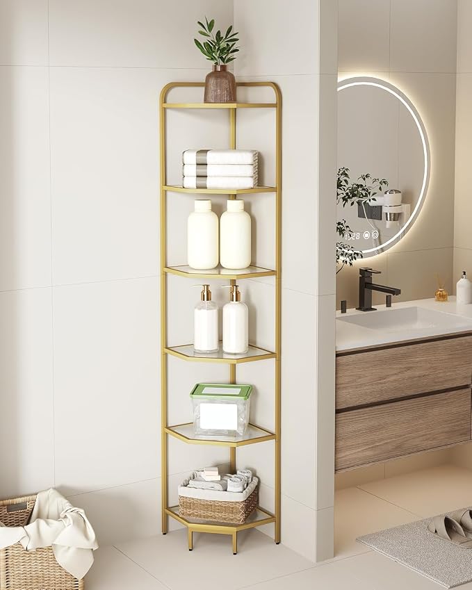 Hzuaneri Corner Shelf Stand, 6-Tier Glass Bookshelf Bookcase, Plant Stand | Bathroom Organizer Steel Frame, Tempered Glass, Modern Style for Living Room, Bathroom, Kitchen, Gold CS90600G