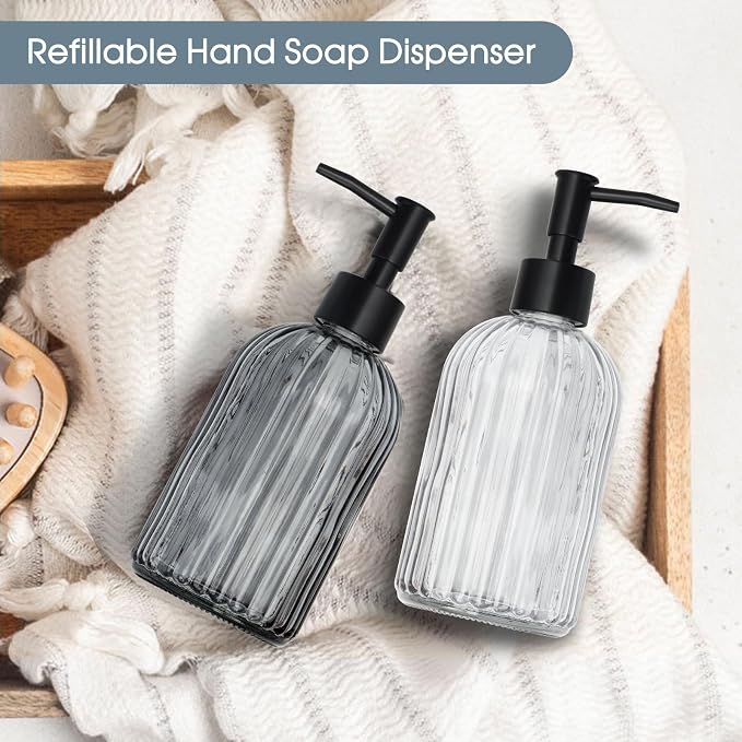 Topsky 2 Pack Glass Soap Dispenser with Black Plastic Pump, 400ml Liquid Hand Soap Dispenser, Rustproof Pump for Kitchen & Bathroom, Great for Lotions, Essential Oil, Liquid Soaps-Clear & Gray