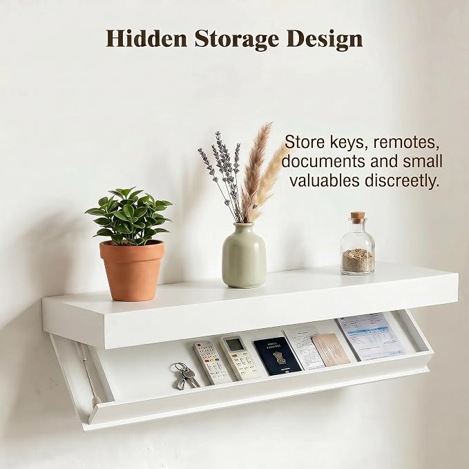 Floating Hidden Shelves for Wall with Concealed Storage Drawer, Hidden Shelf Night Stand with Secret Compartment, for Home Office Living Room, White