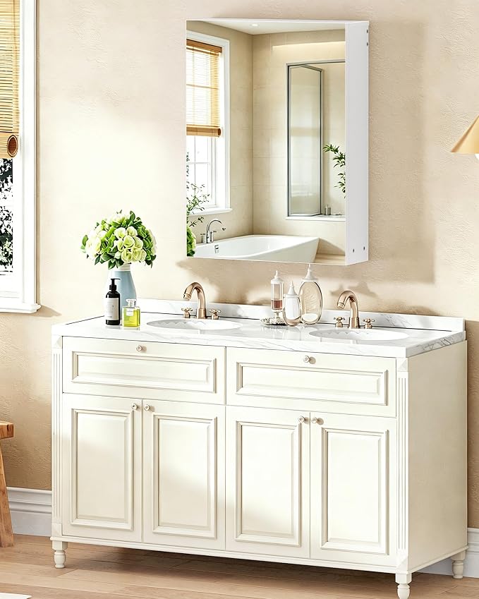 Bathroom Medicine Mirror Cabinet, 21.7'' x 27.6'', Wall-Mounted Bathroom Vanity with Mirror, Bathroom Medicine Cabinet with Storage Function, Hanging Storage Cabinet, Adjustable Shelves, White