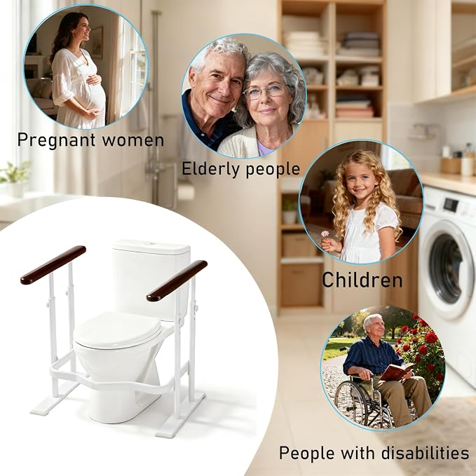 Toilet Safety Rails for Seniors - Toilet Safety Frame with Dual Pillars, Waterproof Nighttime Reflective Base, 3-Speed Height Adjustment (Brown, Double Pillar)