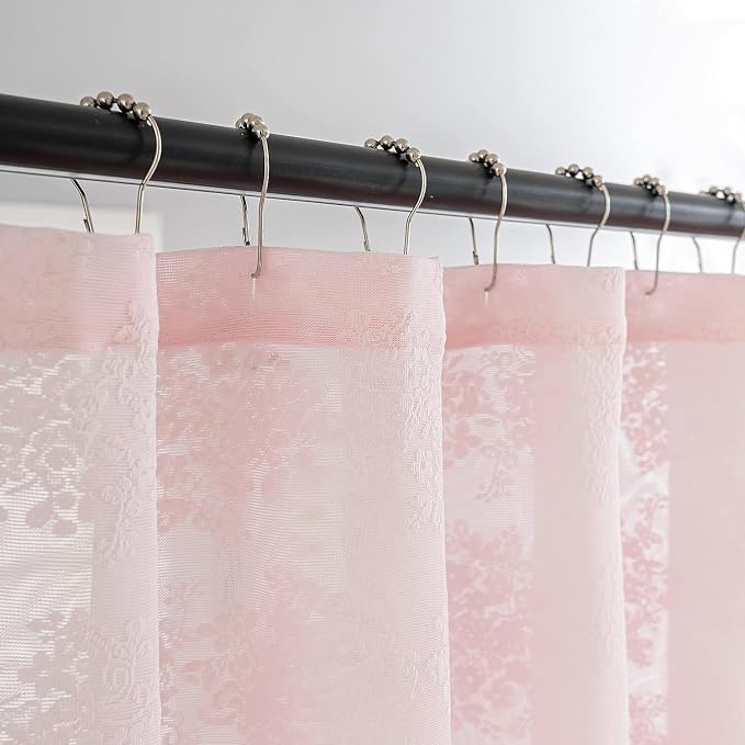 TUDECO Pink Lace Shower Curtain 84 Inch Longh with Attached Valance | 72W x 84L Inch, Long Bathroom Curtain, Coquette Feminine Charm, Soft Color, Brightens Space, Scalloped Edges Reinforced Holes