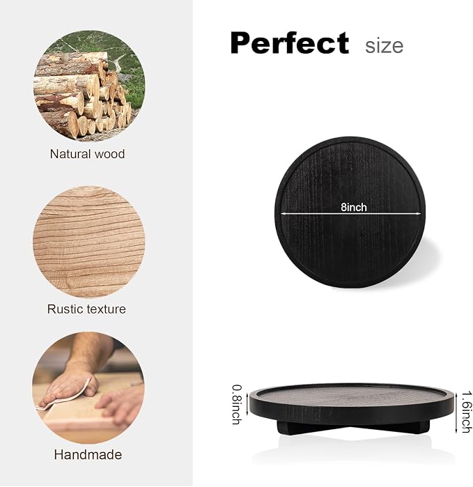 Round Decorative Tray Farmhouse Kitchen Decor Soap Dish, 8" Black | Waterproof, Lightweight, Easy Clean, Wood Riser Pedestal Stand Accessories for Office Desk, Vanity, Counter, Sink