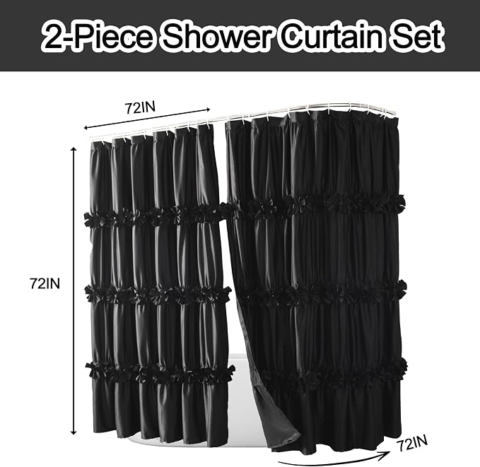 2-Piece Black Satin Shower Curtain, 72x72 Inches (Pair) | Double Panels for Easy Access, Glossy Luxury Fabric, Modern Bathroom Décor, Machine Washable (LQ-44)