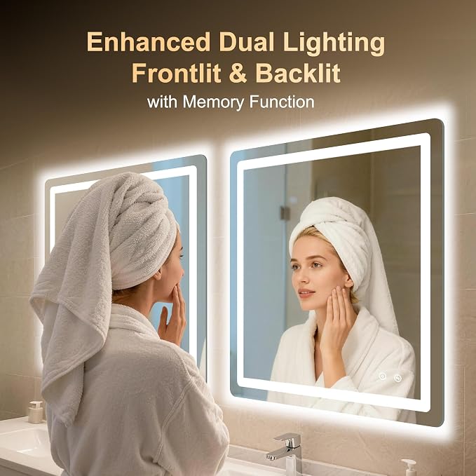 LED Bathroom Mirror, 30"x30" Bathroom Vanity Mirror with Lights | Smart Anti-Fog, Dimmable, 3 Color Modes, Backlit+Front Lit, Memory Function, HD Tempered Glass,Horizontal/Vertical,ETL Listed