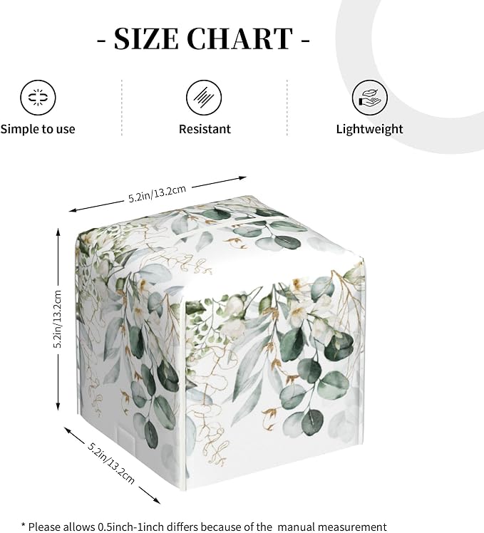 Eucalyptus Leaves and Flowers Tissue Box Cover Square,Watercolor Green Leaves Branches Tissue Box Holder Waterproof Leather Facial Paper Organizer Dispenser for Bathroom Home Car Nightstand Vanity