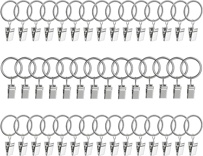 Lansian 44 Pack Curtain Rings with Clips Hooks 1 in Diameter Rustproof | Metal Stainless Steel Drapery Rings for Tension Rod Bracket Eyelets Decorative Hanger, Fits 3/4 in Rods, Shiny Silver