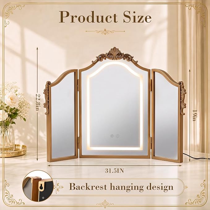 LED Trifold Vanity Mirror 3 Way for Braiding Hair | 3 Color Lighting Dimming, LED Golden Adjustable Arch Triple Fold, Bathroom Bedroom Decor, Thoughtful Gift Option, 31 x 23 In