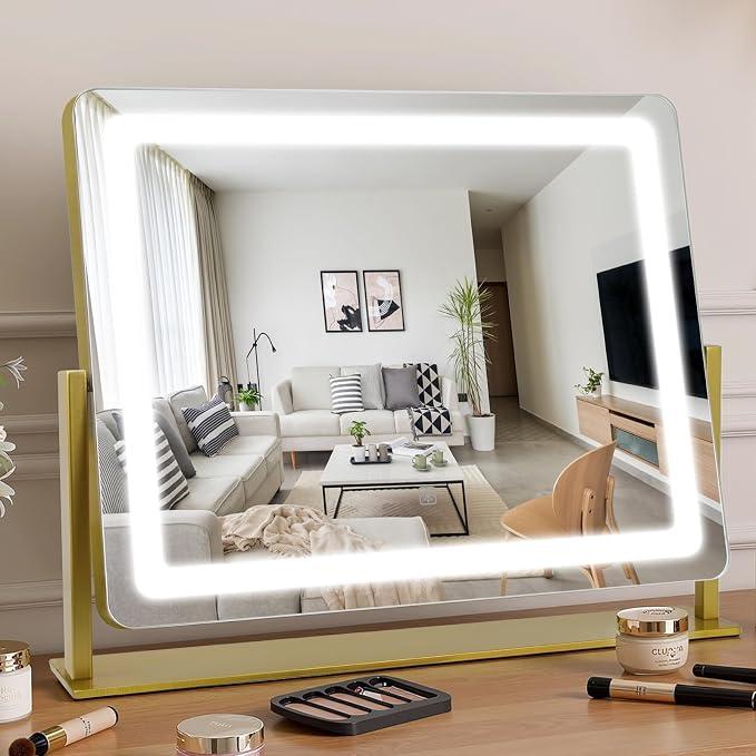 Vanity Mirror with Lights 22"×17", Large LED Makeup Mirror with Light, Smart Touch with 3-Color Lighting, Dimmable, 360° Rotation, HD Desk Mirror, Vanity Mirror Tabletop (Gold)