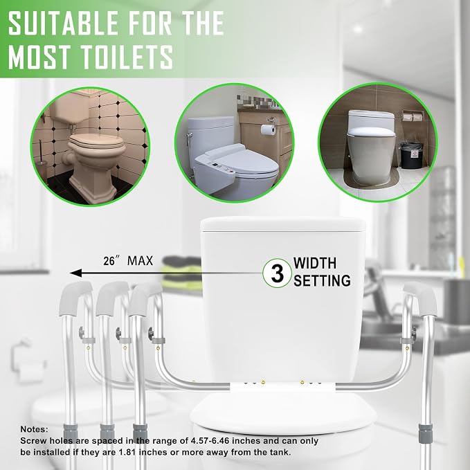 Toilet Safety Rail for Seniors with 2 Reinforced Nuts (Grey) | Height & Width Adjustable Toilet Safety Frame for Elderly, Handicap & Disabled Bathroom Assist Rail with Armrests 250 LBS