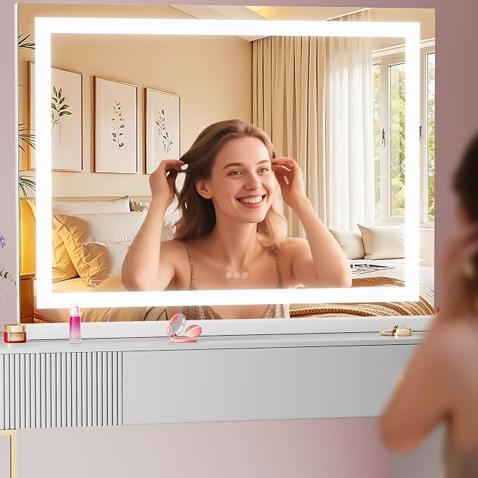 Vanity Mirror with Lights, 28" x 20" LED Makeup Mirror with 10X Magnification, Dimmable 3 Modes, Memory Function, Smart Touch, USB Charging Port, Lighted Makeup Mirror Square White