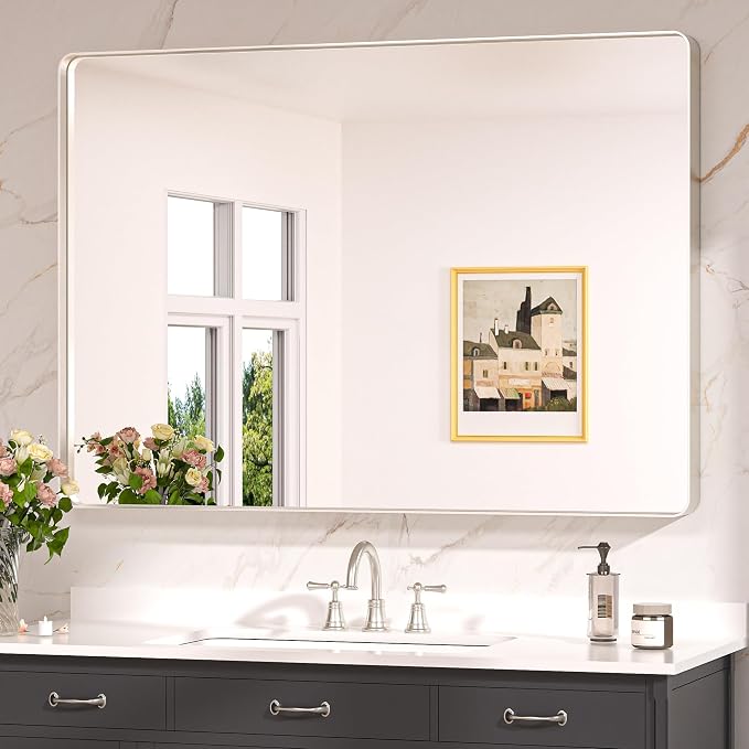 Keonjinn 48 x 36 Inch Brushed Nickel Bathroom Vanity Mirror, Aluminum Frame | HD Tempered Glass, Silver Bathroom Mirrors for Over Sink, Rust-Resistant, Rounded Rectangle, French Cleat Mount, Home Décor