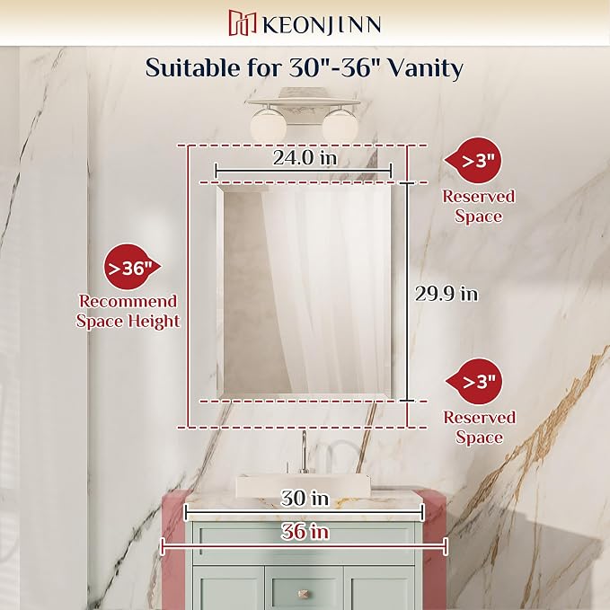 Keonjinn 24 x 30 Inch Frameless Bathroom Mirrors with Beveled Edge | Rectangular Mirrors for Wall Decoration, Safety Tempered Glass, Square Vanity Mirror for Bathroom, Bedroom, Hallway, Entryway