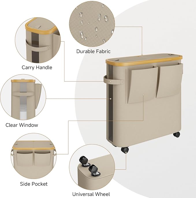 Toilet Paper Storage Basket with Lid, Bathroom Toilet Paper Holder, Khaki | Bathroom Toilet Paper Organizer for 9-12 Rolls Large Capacity, Foldable Fabric Bamboo Toilet Paper Container with Pockets