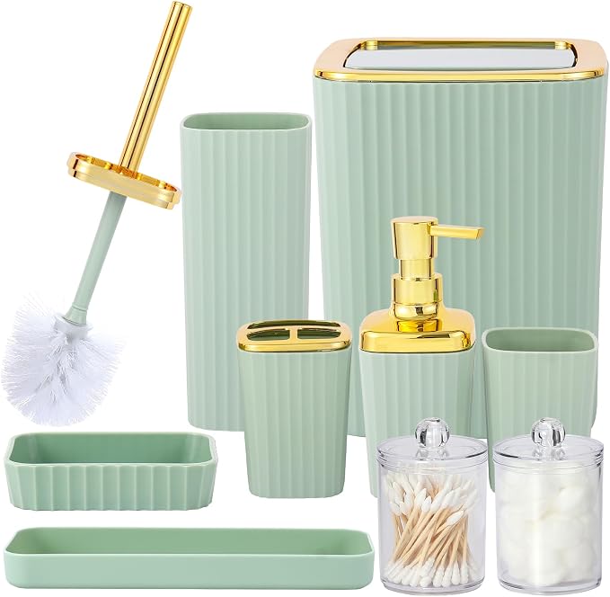 9 PCS Green Bathroom Accessories Set with Trash Can Bathroom Accessory | All-in-One Kit with Trash Can,Toothbrush Holder,Soap Dispenser,Toothbrush Cup,Vanity Tray,Soap Dish,Toilet Brush etc for Home