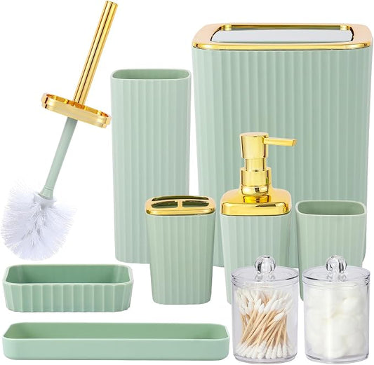 9 PCS Green Bathroom Accessories Set with Trash Can Bathroom Accessory | All-in-One Kit with Trash Can,Toothbrush Holder,Soap Dispenser,Toothbrush Cup,Vanity Tray,Soap Dish,Toilet Brush etc for Home