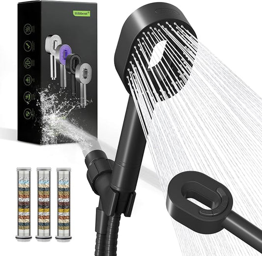 Hibbent Filtered Handheld Showerhead with 3 Filters, 5 Sprays Shower Head | Black High Pressure Shower Heads, Brass Holder & 71" Metal Hose, Water Soft Filter Remove Chlorine, Reduce Dry Itchy Skin