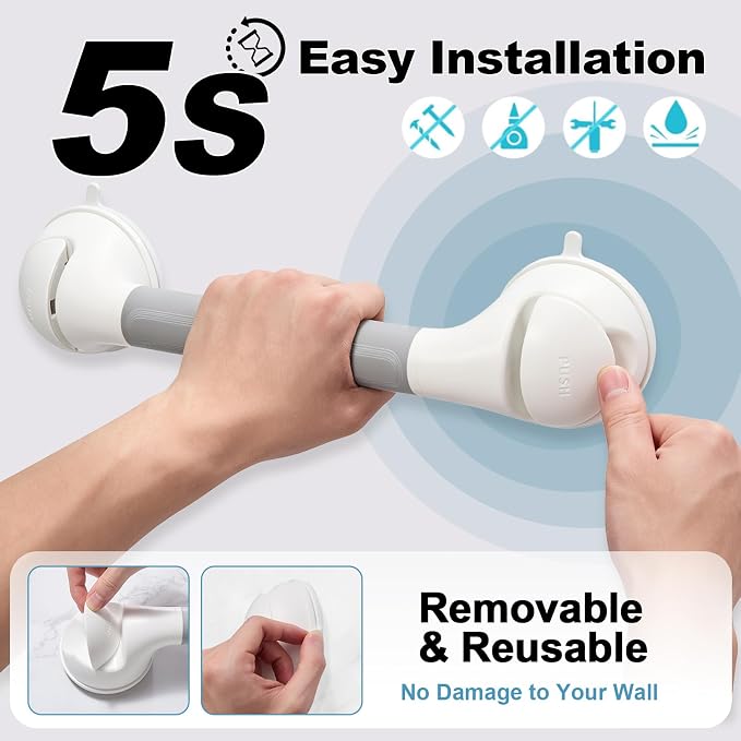 Suction Grab Bar 1 Pack, 16.9 Inch Shower Grab Bars for Seniors, No Drill Removable Bathroom Safety Handles for Bathtubs and Showers, Grey White