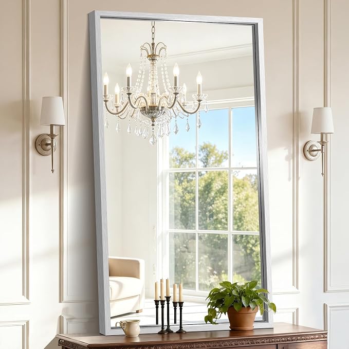 COFENY Bathroom Mirror, 30x55 Brushed Silver Rectangle Mirrors, Thickened Deep Metal Frame Bathroom Vanity Mirrors for Over Sink, Bedroom, Entryway, HD Tempered Glass, Horizontally or Vertically