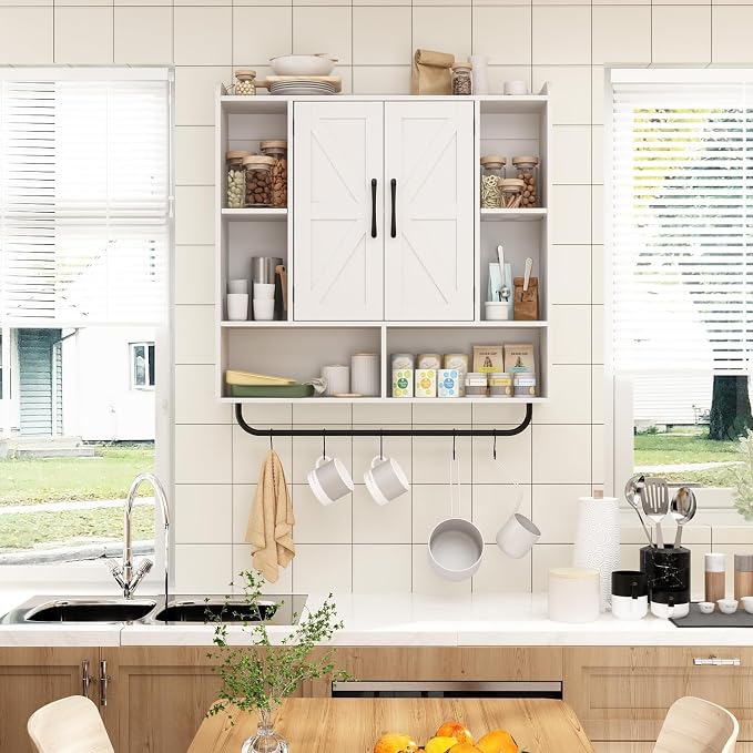 RUSTOWN Rustic Bathroom Wall Storage Cabinet with 2 Barn Doors, White | Farmhouse Medicine Cabinet, Wall Mounted, Space Saving, 3-Tier Adjustable Shelves, Towel Bar, 5 Hooks