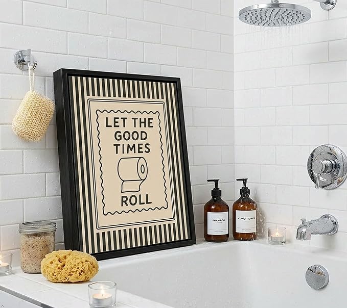 Black Floating Framed Let The Good Times Roll Bathroom Canvas Wall Art Funny Toilet Quote Painting Picture Wall Decor Downstair Stripes Bathroom Poster Print Artwork for Toilet Home Decoration 8x10in