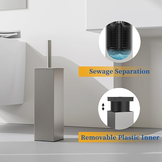 RUACQ Toilet Brush and Holder Set, Square, Brushed Nickel | SUS304 Stainless Steel Handle, Toilet Cleaner Brush with Durable Scrubbing Bristles, Splash-Proof