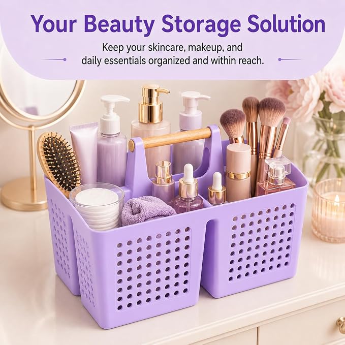 Portable Shower Caddy Basket with 3 Compartments and Handle, Purple | Plastic Divided Beauty Caddy Organizer for Hair Care, Cosmetics, Toiletries, Craft Supplies, Dorms and Vanities
