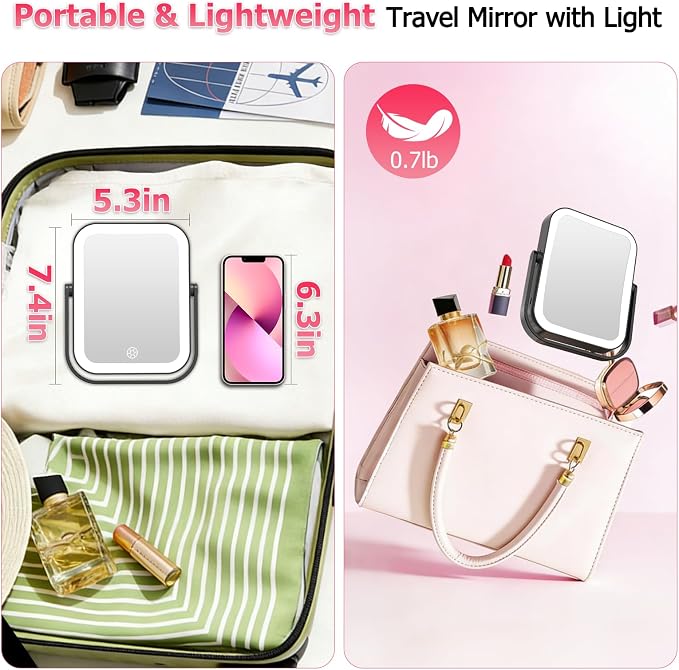 FUNTOUCH 3000mAh Rechargeable Travel Magnifying Mirror with Light, Black | 2-Sided 30X Magnifying travel makeup mirror with 3-Color Lighting, Dimmable Touch Screen,Compact Vanity Mirror for Women Gift
