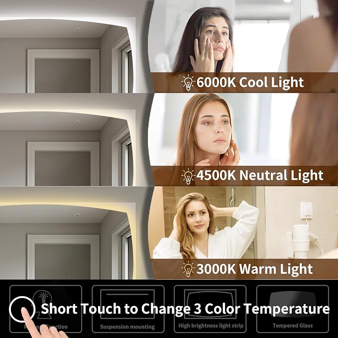 60''x36'' Lighted Mirrors for Vanity Wall Backlit, Rectangular LED Bathroom Mirror Frameless with Lights, Dimmable, 3 Colors,Tempered Glass, Shatter-Proof