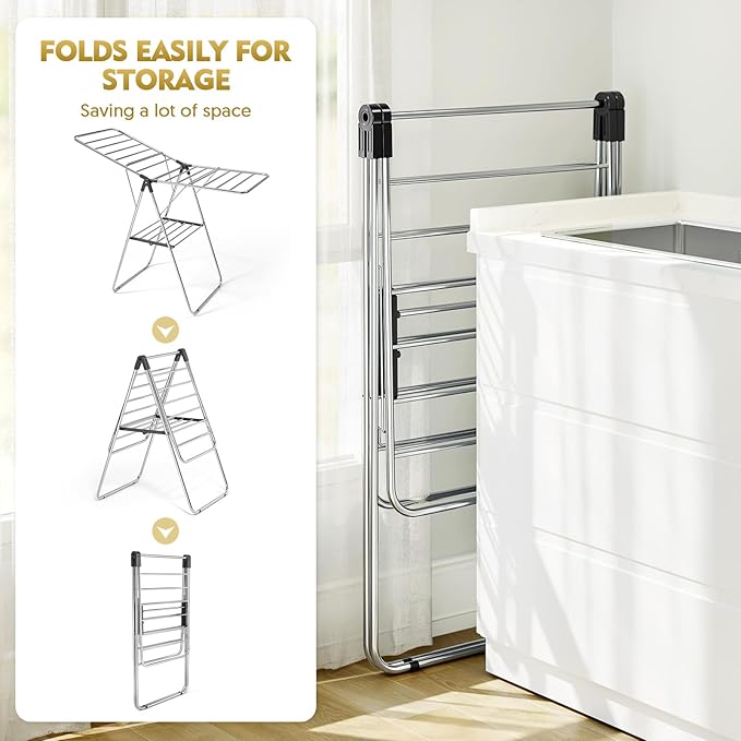 Large Stainless Steel Clothes Drying Rack | Drying Rack Clothing with Height-Adjustable, Foldable Gullwings Laundry Drying Rack, Indoor Outdoor Use, No Assembly, Black