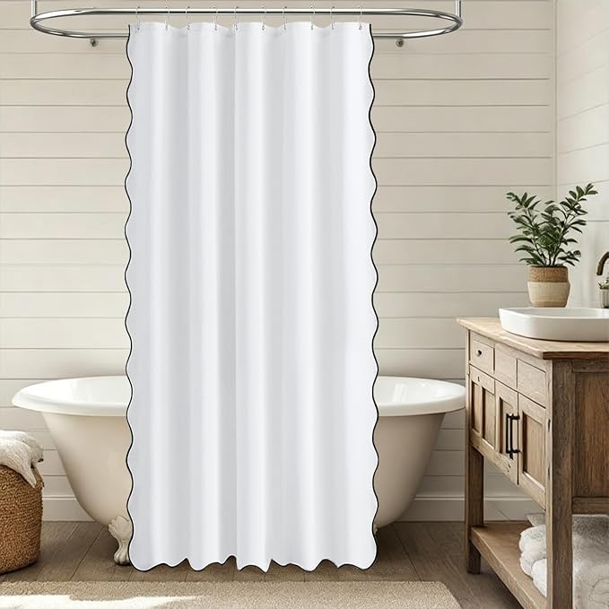 60x72 Boho Scalloped Linen Textured Cloth Shower Curtain Set, White | Narrow Size, 230GSM Waterproof Polyester, Heavy Duty Fabric, 10 Plastic Hooks, Chic Modern Farmhouse Style, Machine Washable