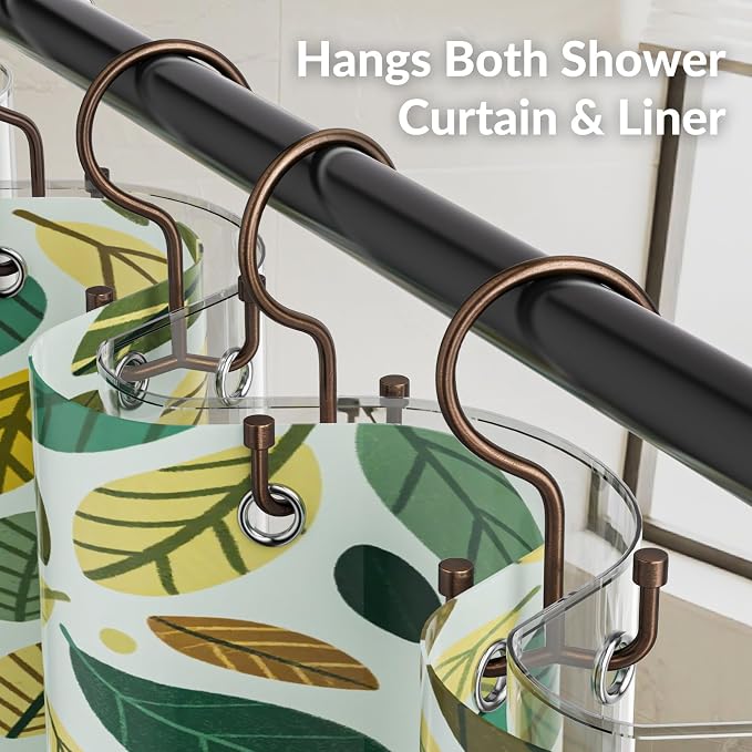 OEH Shower Curtain Hooks, 12 Pcs Shower Curtain Rings, Durable Shower Curtain Hooks Rust Proof, Shower Rings for Curtain, Free Sliding Anti-Drop Double Shower Hooks for Shower Curtain Rod, Bronze