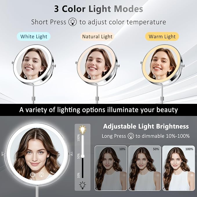 9" Makeup Mirror with Lights,5000mAh Rechargeable Vanity Mirror,1X/10X Double Sided Magnifying Mirror with Adjustable Height, 3 Colors Stepless Dimming Lighted Makeup Mirror,Women Gift