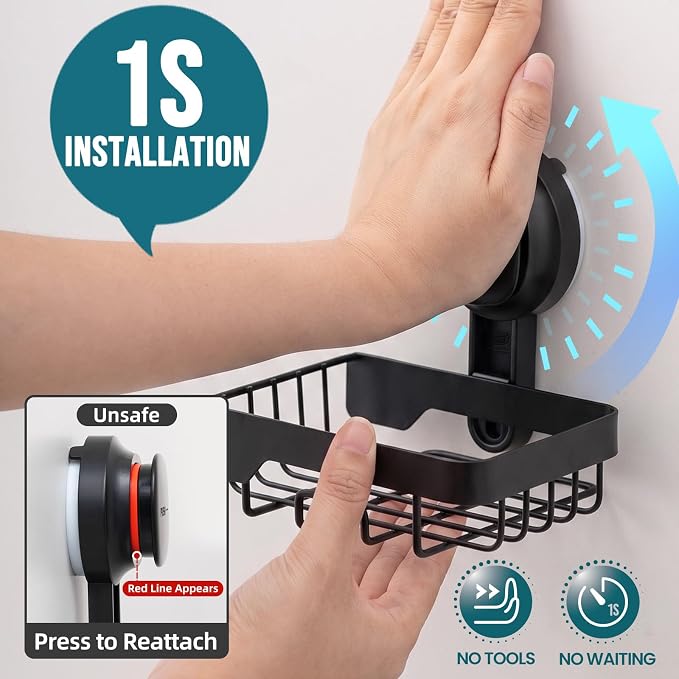 TAILI Soap Dish for Shower, Bar Soap Holder,Suction Visible Indicator,Black | Soap Holder Shower, Soap Bar Holder for Shower Wall, Removable Bathroom Sponge Holder, One-Press Plastic Soap Dish